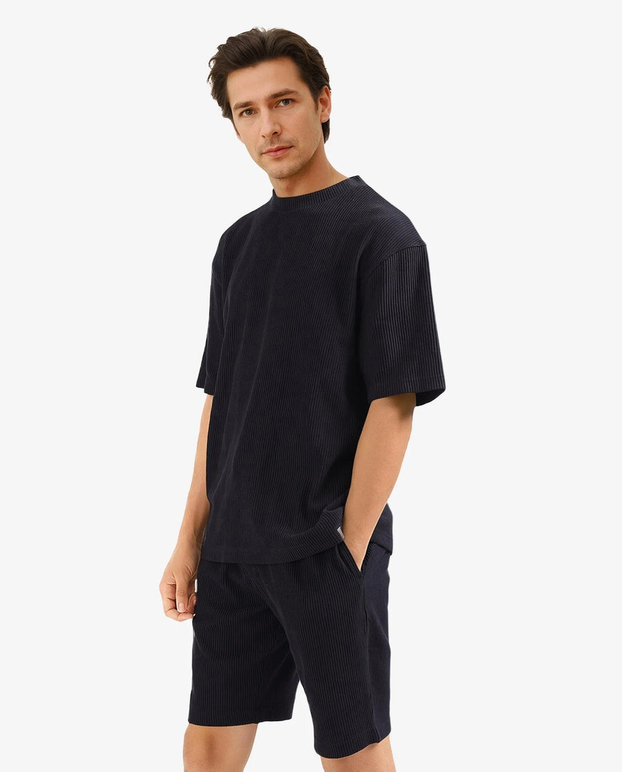 Rare Rabbit Men's Breet-1 Black Cotton Blend Textured Oversized Fit Half Sleeve Crew Neck T-Shirt