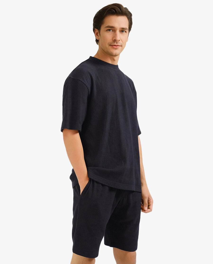 Rare Rabbit Men's Breet-1 Black Cotton Blend Textured Oversized Fit Half Sleeve Crew Neck T-Shirt