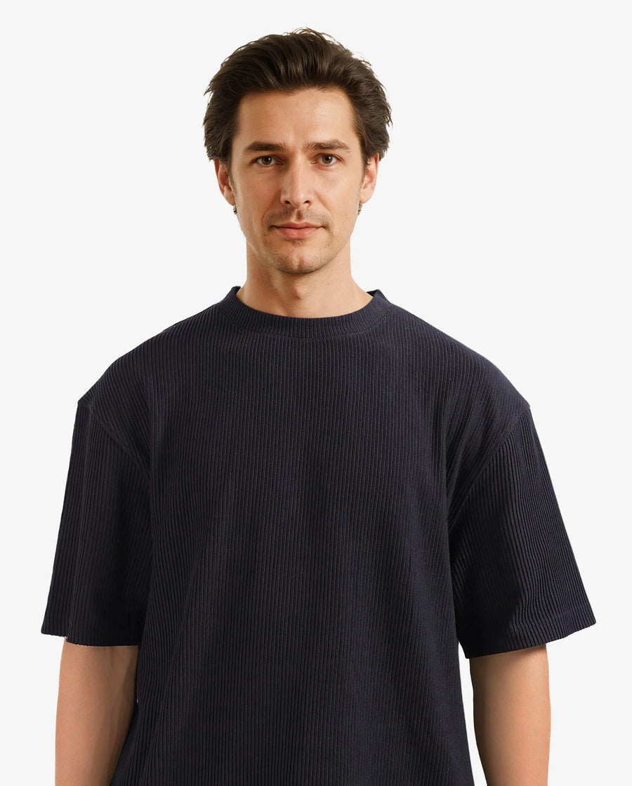 Rare Rabbit Men's Breet-1 Black Cotton Blend Textured Oversized Fit Half Sleeve Crew Neck T-Shirt