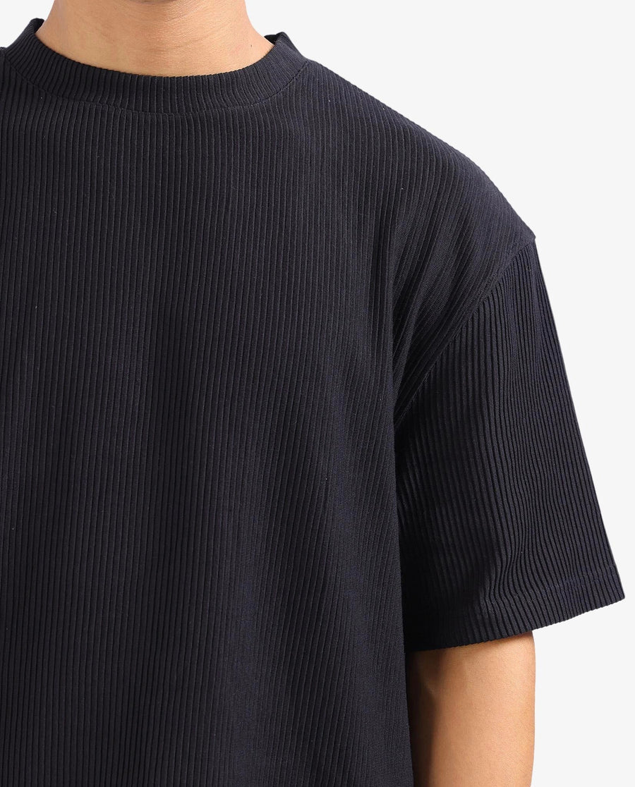 Rare Rabbit Men's Breet-1 Black Cotton Blend Textured Oversized Fit Half Sleeve Crew Neck T-Shirt