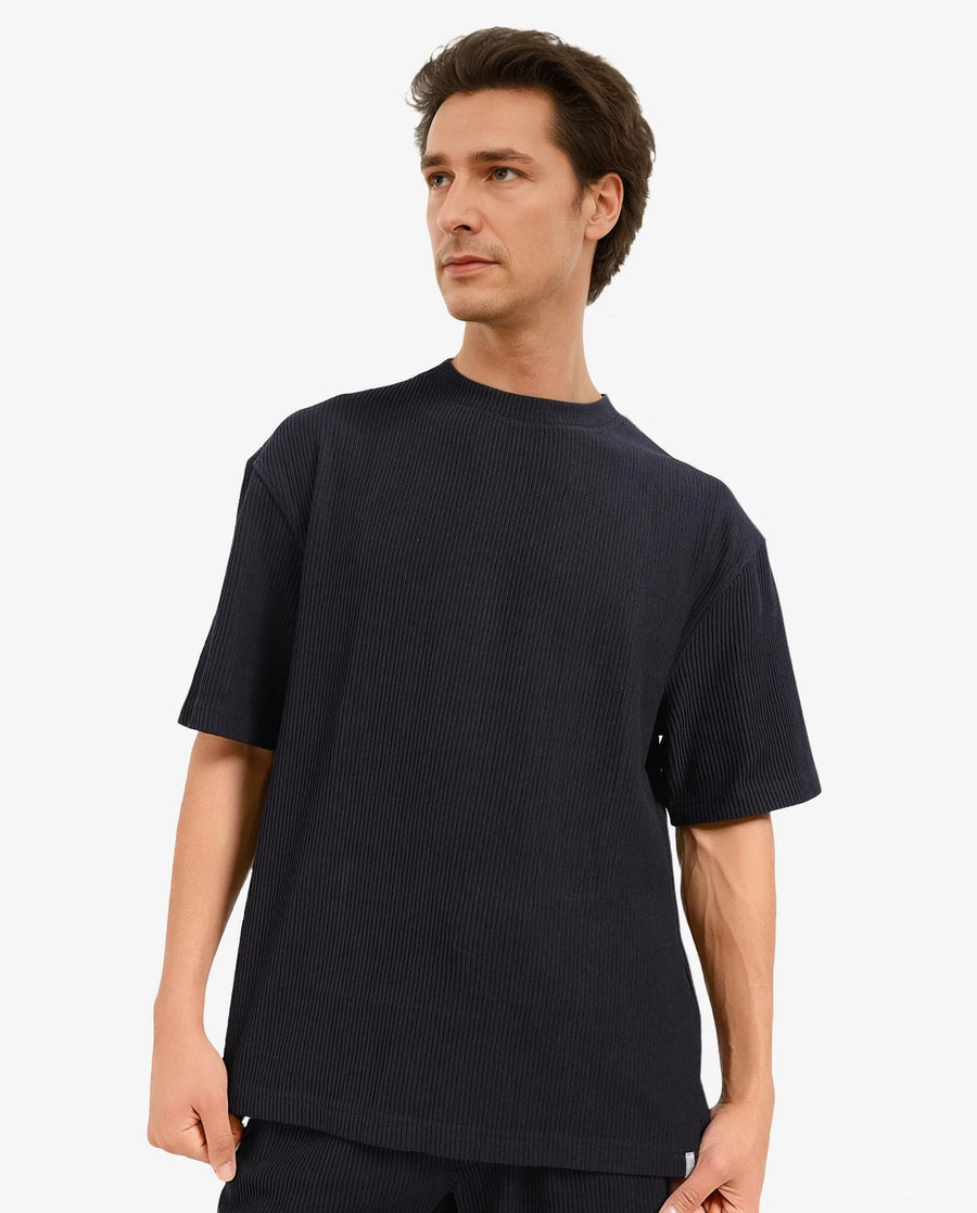 Rare Rabbit Men's Breet-1 Black Cotton Blend Textured Oversized Fit Half Sleeve Crew Neck T-Shirt