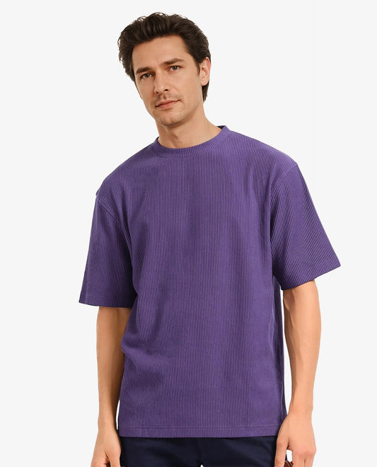 Rare Rabbit Men's Breet-1 Dark Purple Cotton Blend Textured Oversized Fit Half Sleeve Crew Neck T-Shirt