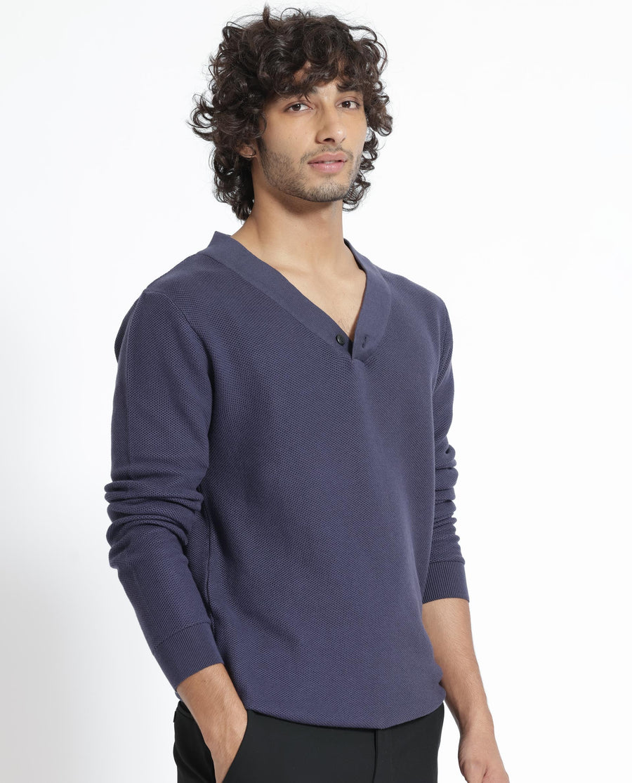 Rare Rabbit Men's Breeze Purple Cotton Plain Regular Fit Full Sleeve V-Neck Sweater