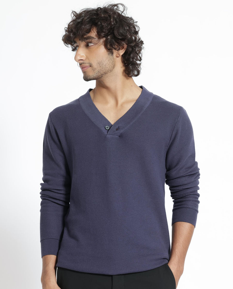 Rare Rabbit Men's Breeze Purple Cotton Plain Regular Fit Full Sleeve V-Neck Sweater