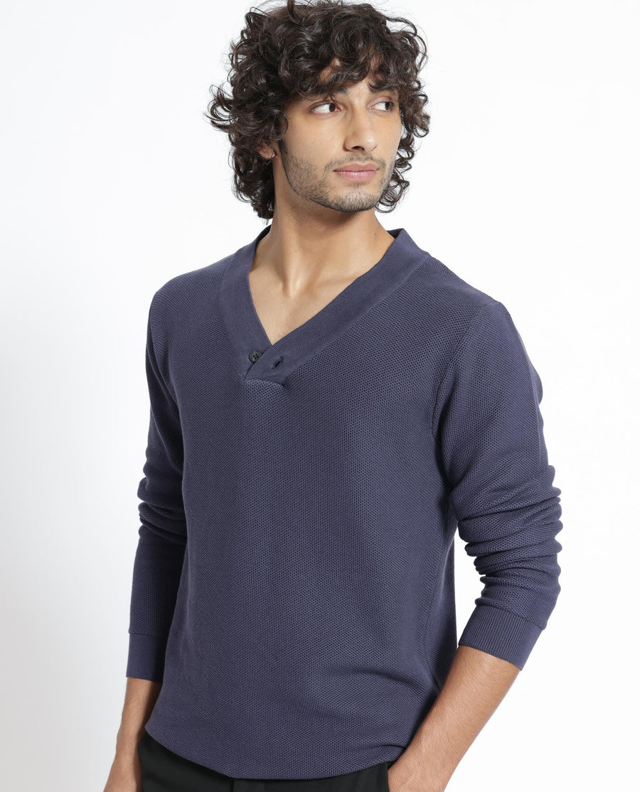 Rare Rabbit Men's Breeze Purple Cotton Plain Regular Fit Full Sleeve V-Neck Sweater