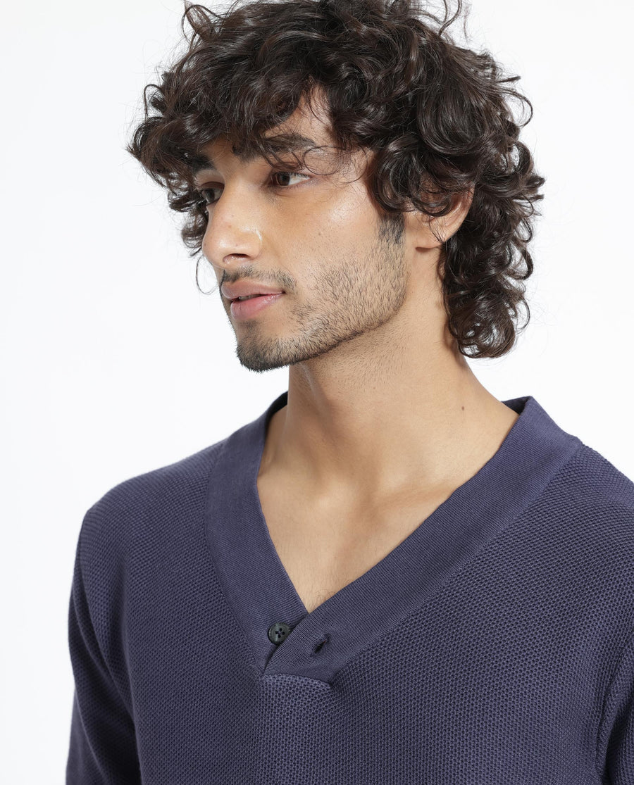 Rare Rabbit Men's Breeze Purple Cotton Plain Regular Fit Full Sleeve V-Neck Sweater