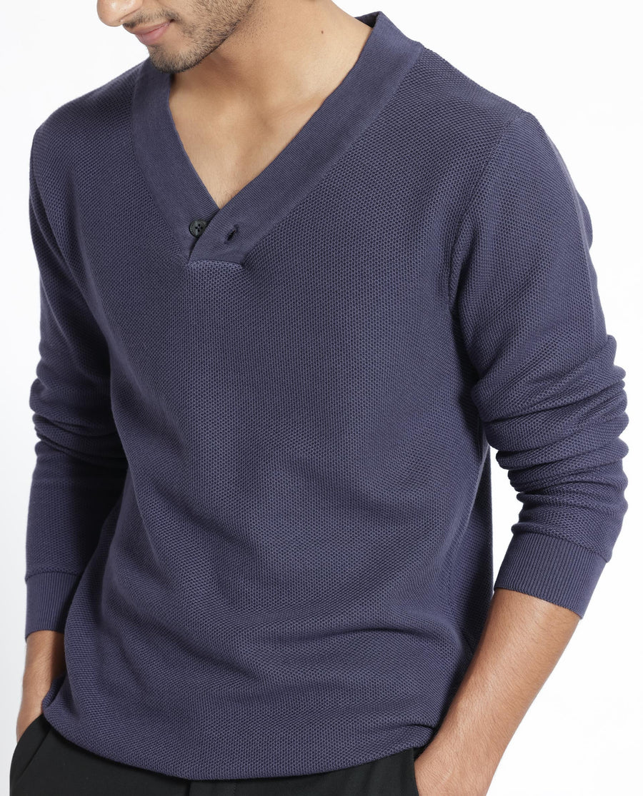 Rare Rabbit Men's Breeze Purple Cotton Plain Regular Fit Full Sleeve V-Neck Sweater