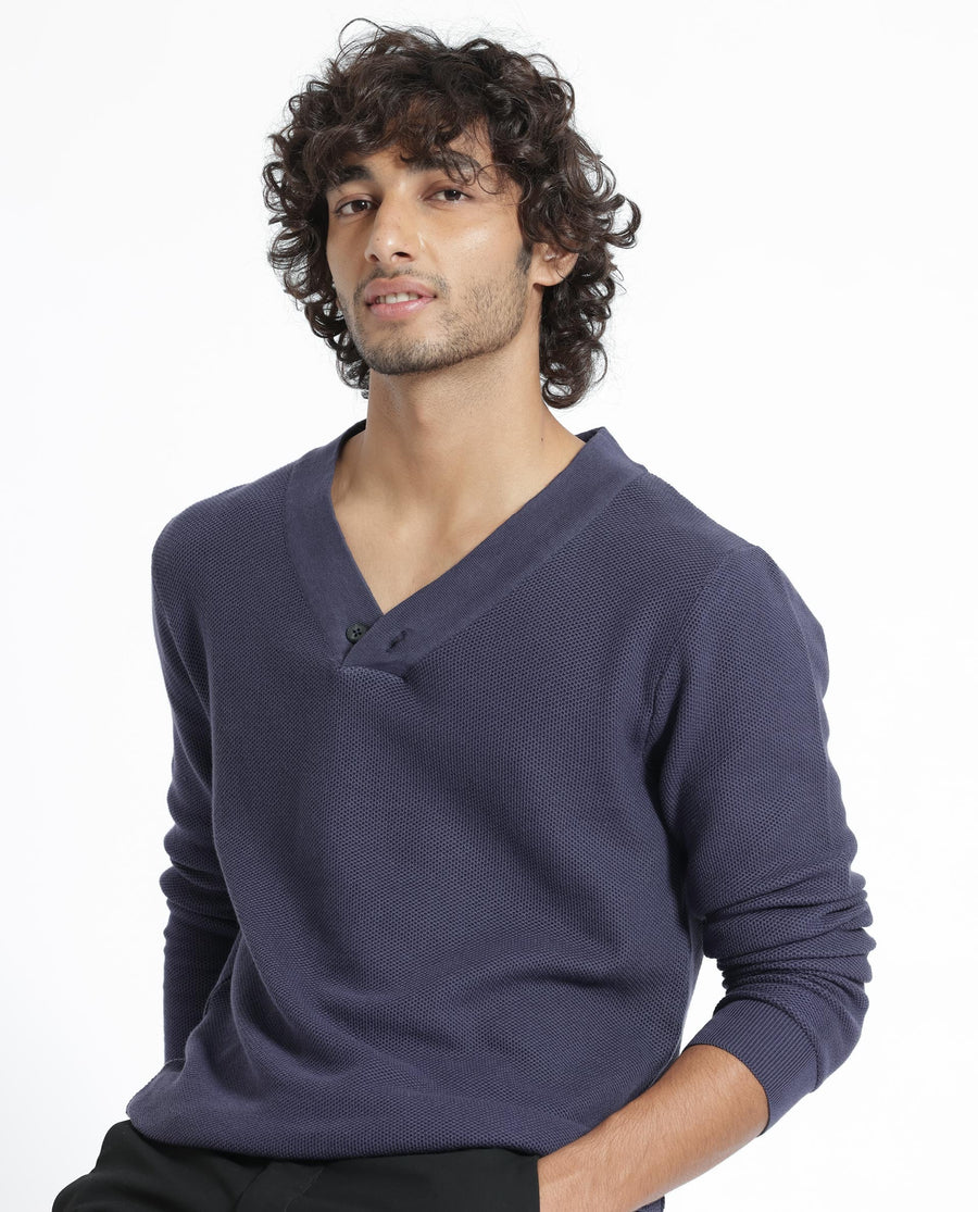 Rare Rabbit Men's Breeze Purple Cotton Plain Regular Fit Full Sleeve V-Neck Sweater