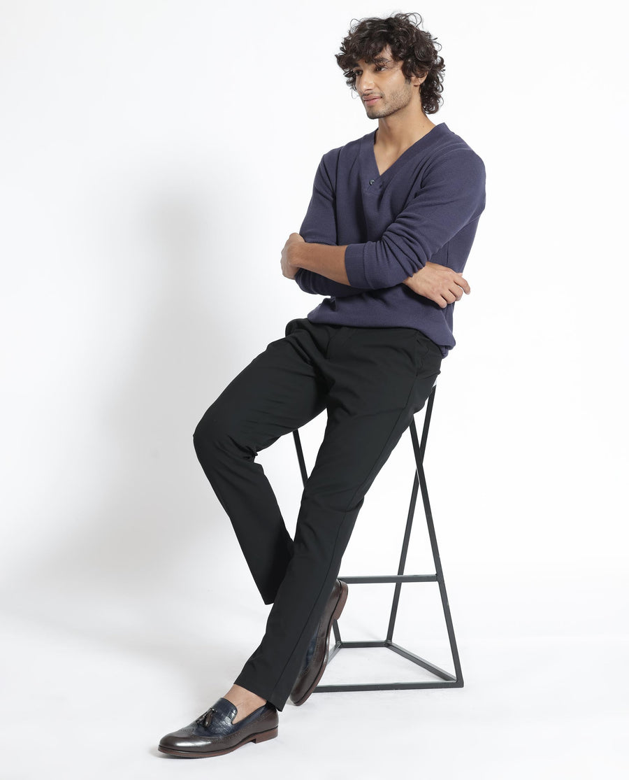 Rare Rabbit Men's Breeze Purple Cotton Plain Regular Fit Full Sleeve V-Neck Sweater