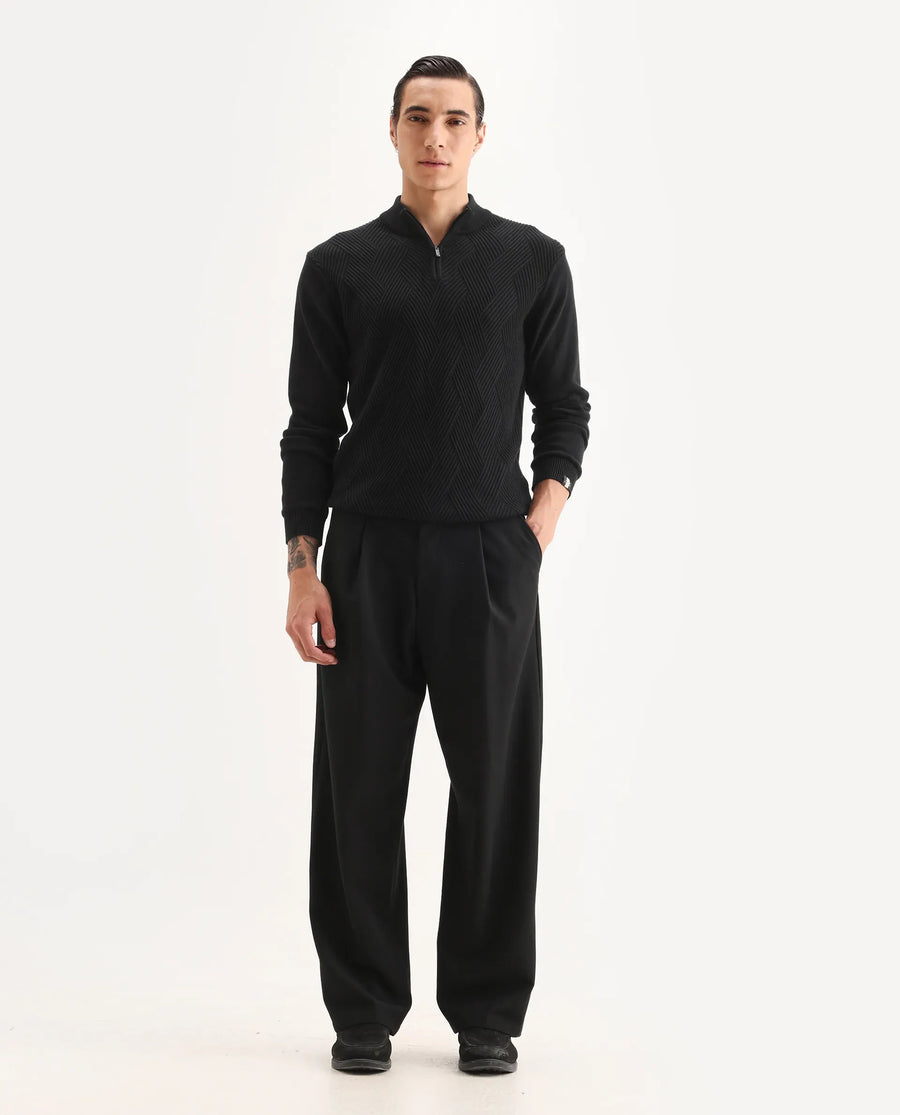Rare Rabbit Men's Brelint Black Cotton Blend Plain Relaxed Fit Trouser