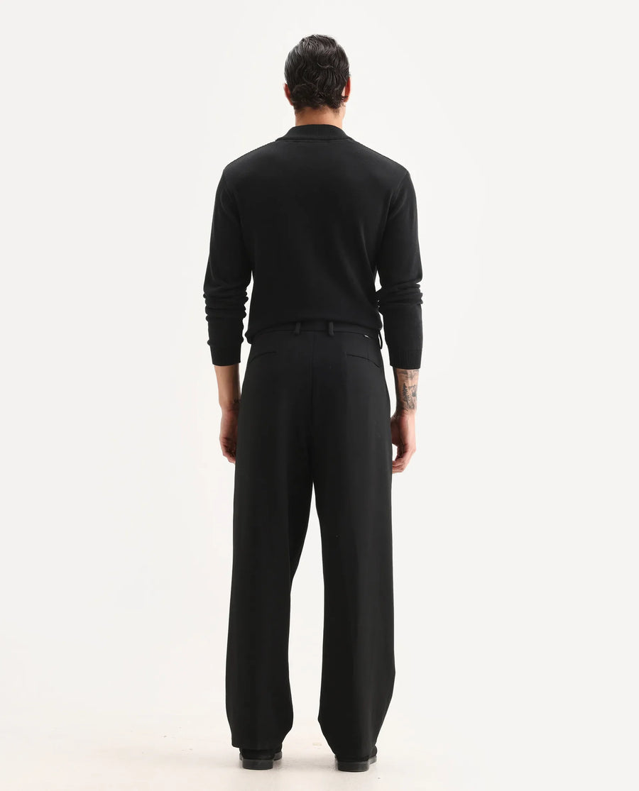 Rare Rabbit Men's Brelint Black Cotton Blend Plain Relaxed Fit Trouser
