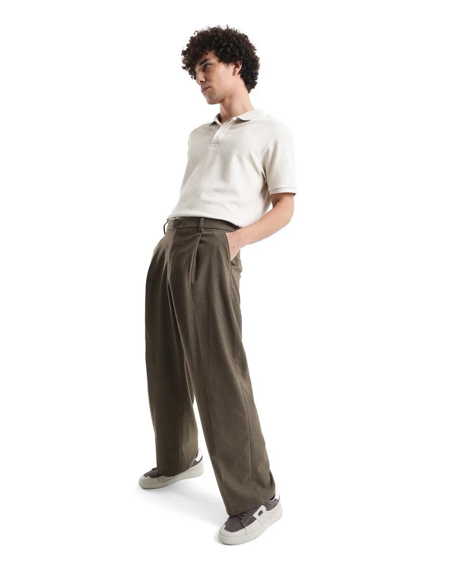 Rare Rabbit Men's Brelint Brown Cotton Blend Plain Relaxed Fit Trouser