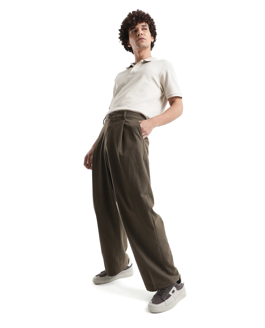 Rare Rabbit Men's Brelint Brown Cotton Blend Plain Relaxed Fit Trouser