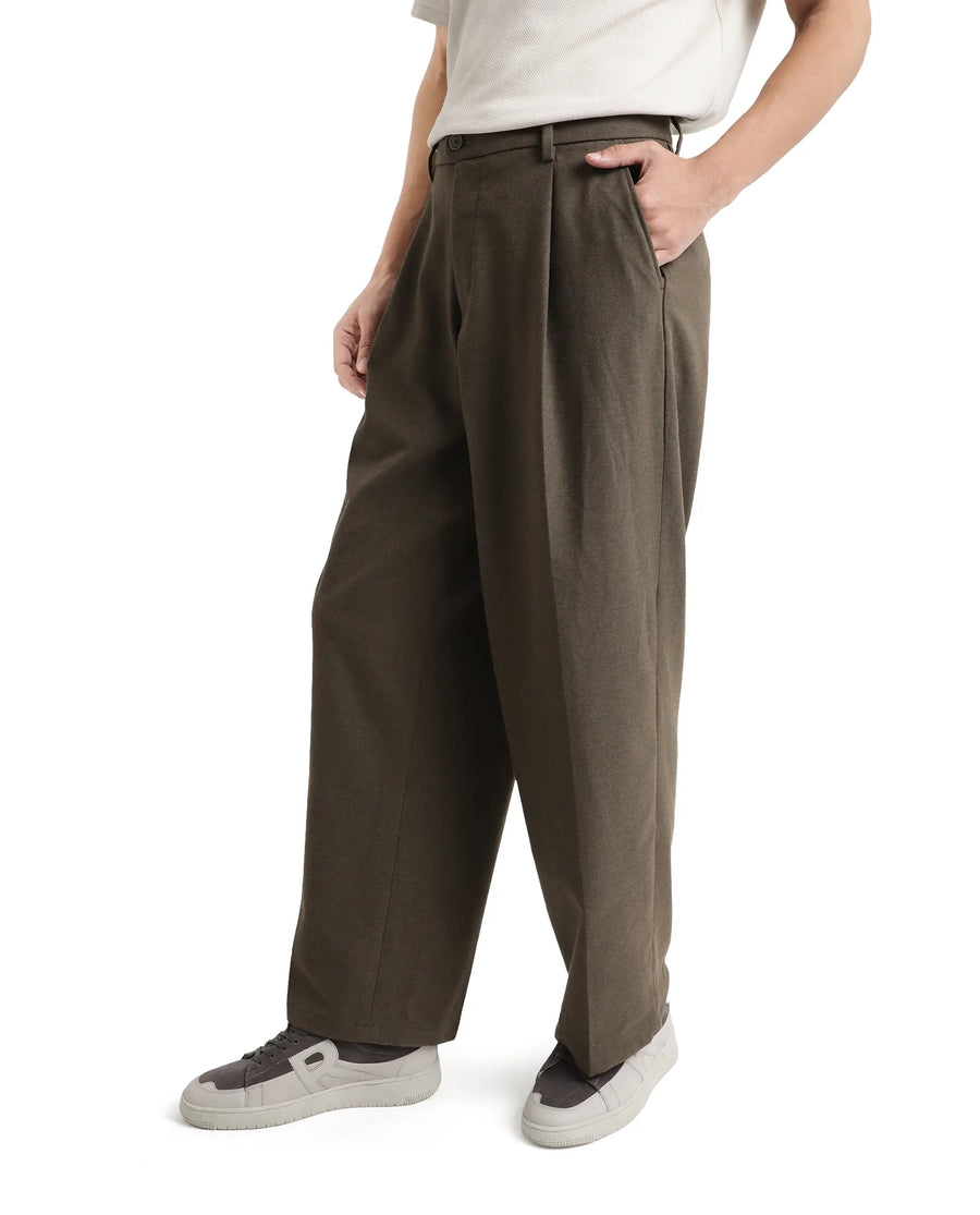 Rare Rabbit Men's Brelint Brown Cotton Blend Plain Relaxed Fit Trouser