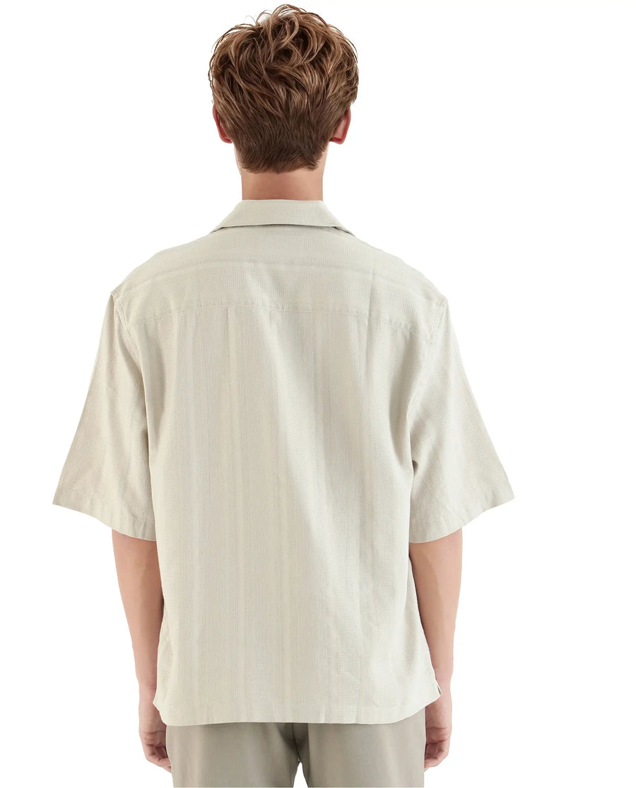 Rare Rabbit Men's Brex Beige Cotton Blend Striped Print Boxy Fit Half Sleeve Cuban Collar Shirt