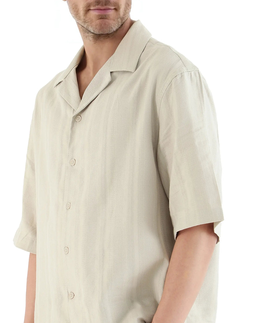 Rare Rabbit Men's Brex Beige Cotton Blend Striped Print Boxy Fit Half Sleeve Cuban Collar Shirt