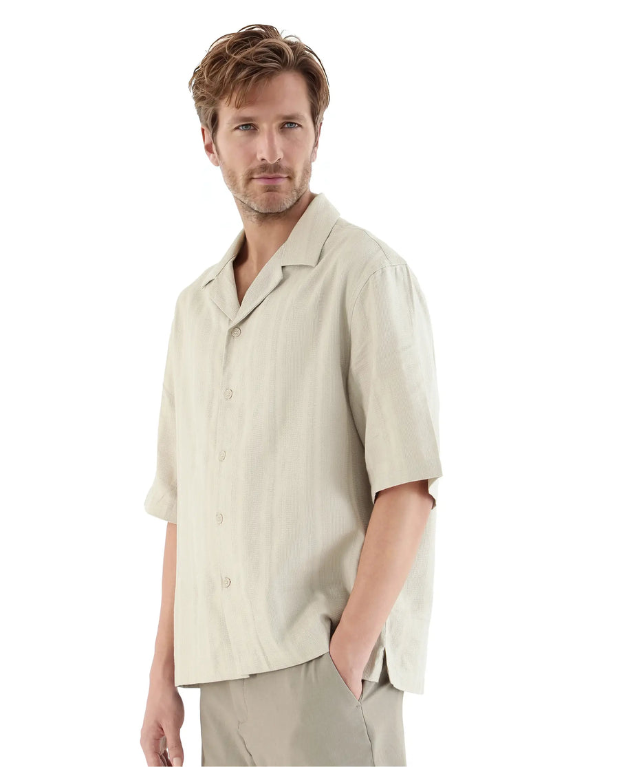 Rare Rabbit Men's Brex Beige Cotton Blend Striped Print Boxy Fit Half Sleeve Cuban Collar Shirt