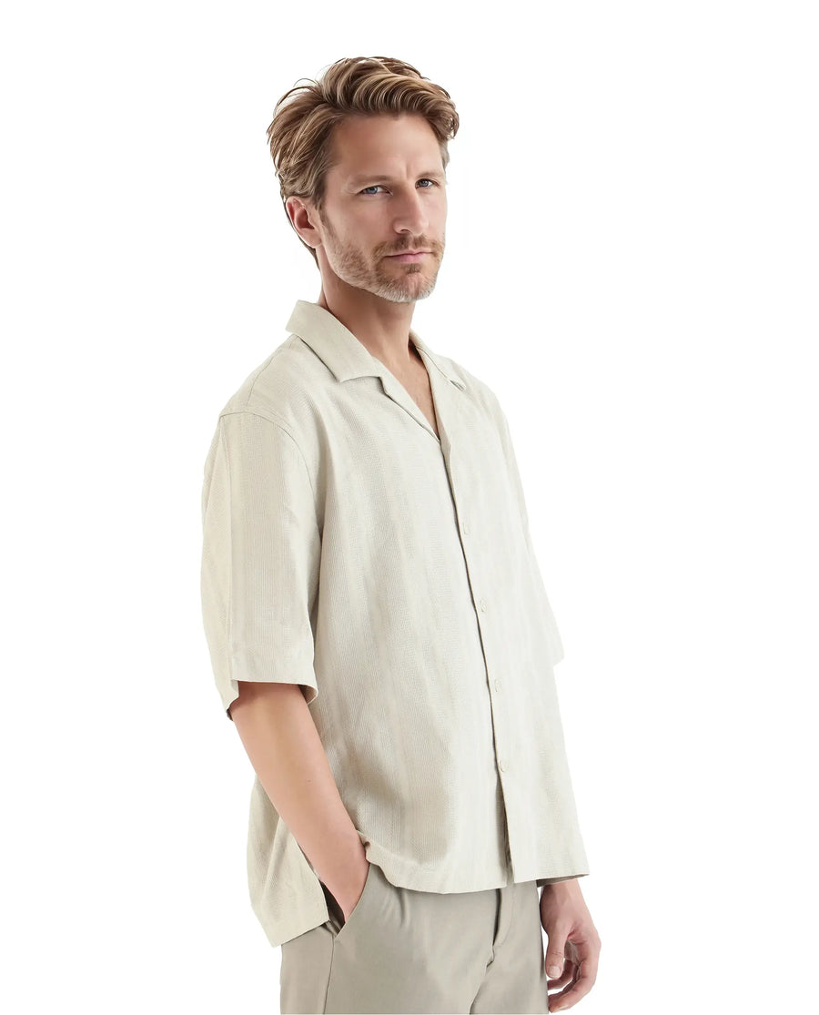 Rare Rabbit Men's Brex Beige Cotton Blend Striped Print Boxy Fit Half Sleeve Cuban Collar Shirt