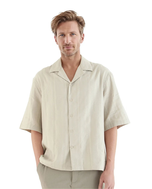 Rare Rabbit Men's Brex Beige Cotton Blend Striped Print Boxy Fit Half Sleeve Cuban Collar Shirt