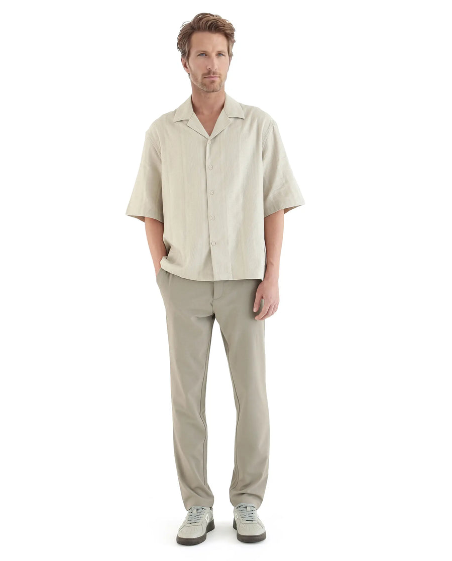 Rare Rabbit Men's Brex Beige Cotton Blend Striped Print Boxy Fit Half Sleeve Cuban Collar Shirt