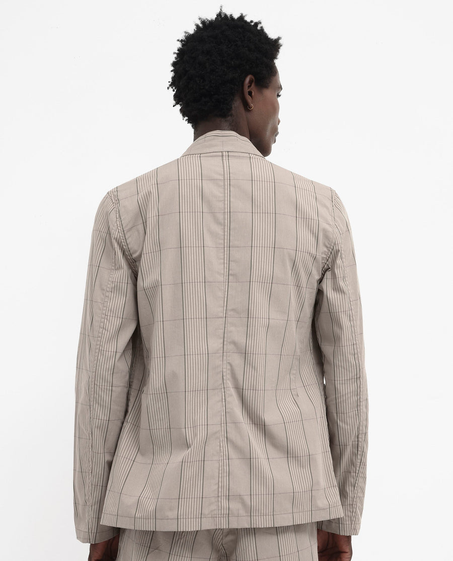 Rare Rabbit Men's Brez Brown Cotton Checked Print Relaxed Fit Full Sleeve Mandarin Collar Jacket