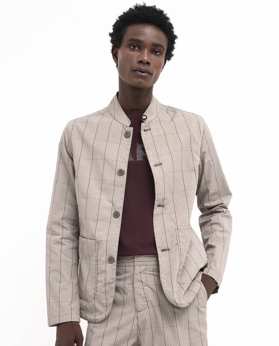 Rare Rabbit Men's Brez Brown Cotton Checked Print Relaxed Fit Full Sleeve Mandarin Collar Jacket