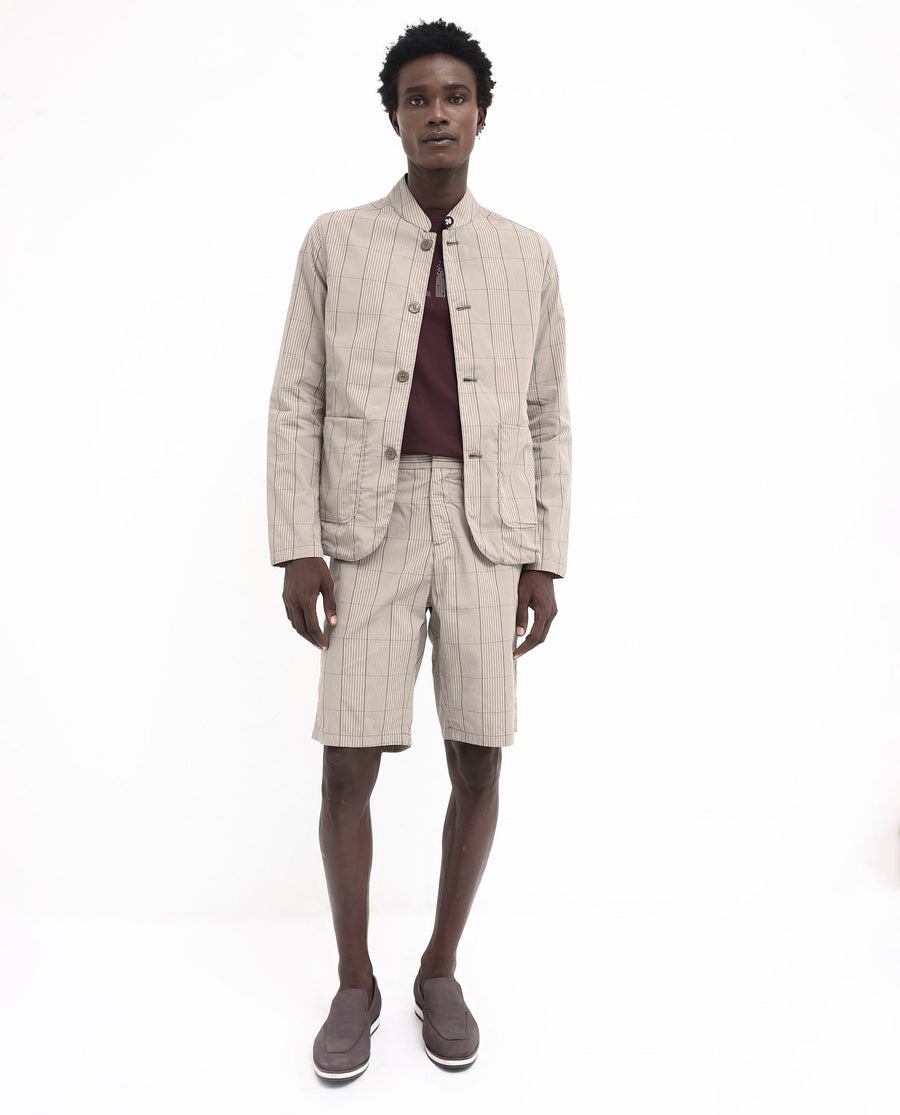 Rare Rabbit Men's Brez Brown Cotton Checked Print Relaxed Fit Full Sleeve Mandarin Collar Jacket