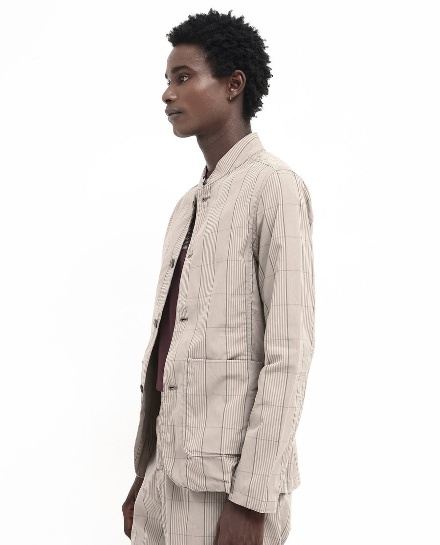 Rare Rabbit Men's Brez Brown Cotton Checked Print Relaxed Fit Full Sleeve Mandarin Collar Jacket