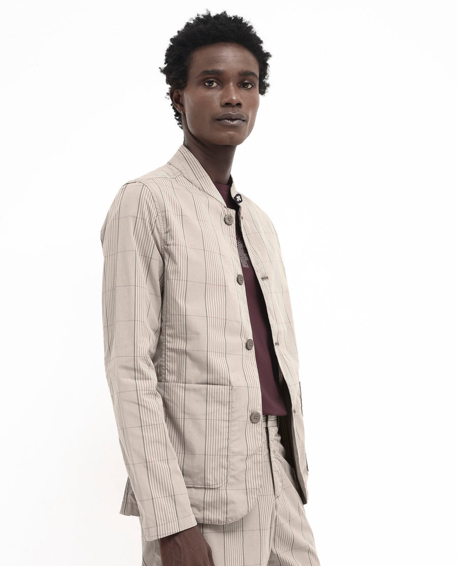 Rare Rabbit Men's Brez Brown Cotton Checked Print Relaxed Fit Full Sleeve Mandarin Collar Jacket