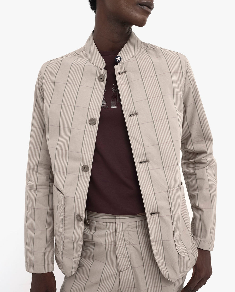 Rare Rabbit Men's Brez Brown Cotton Checked Print Relaxed Fit Full Sleeve Mandarin Collar Jacket