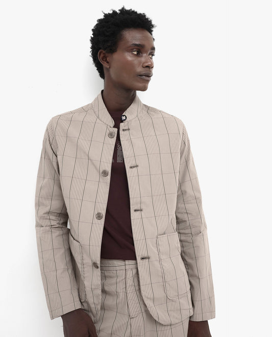 Rare Rabbit Men's Brez Brown Cotton Checked Print Relaxed Fit Full Sleeve Mandarin Collar Jacket