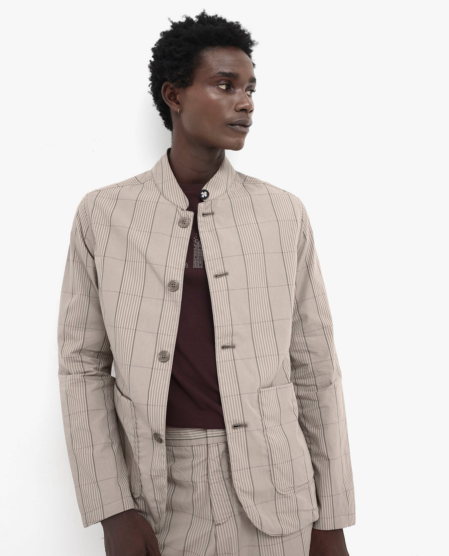 Rare Rabbit Men's Brez Brown Cotton Checked Print Relaxed Fit Full Sleeve Mandarin Collar Jacket