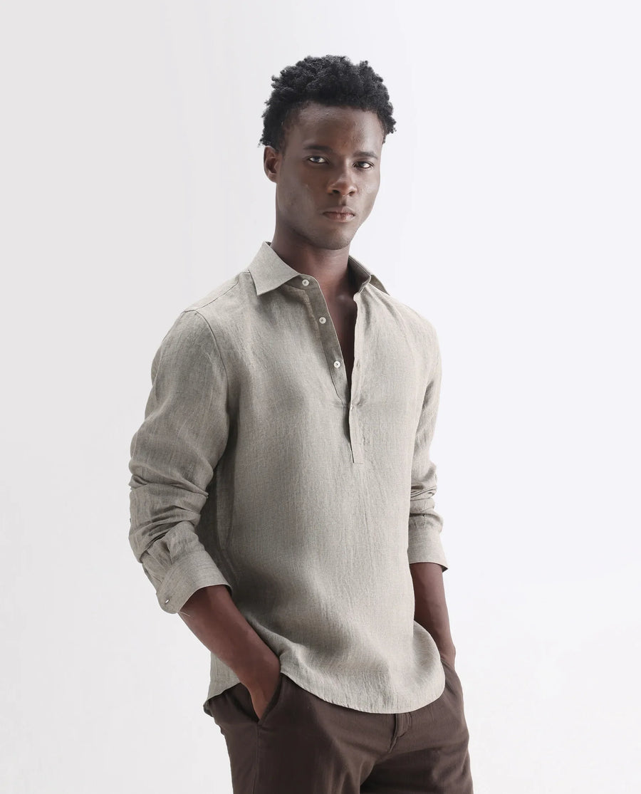 Rare Rabbit Men's Brickurt Brown 100% Linen Plain Regular Fit Full Sleeve Collared Shirt
