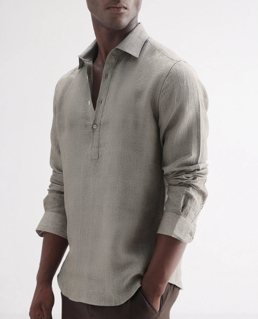 Rare Rabbit Men's Brickurt Brown 100% Linen Plain Regular Fit Full Sleeve Collared Shirt