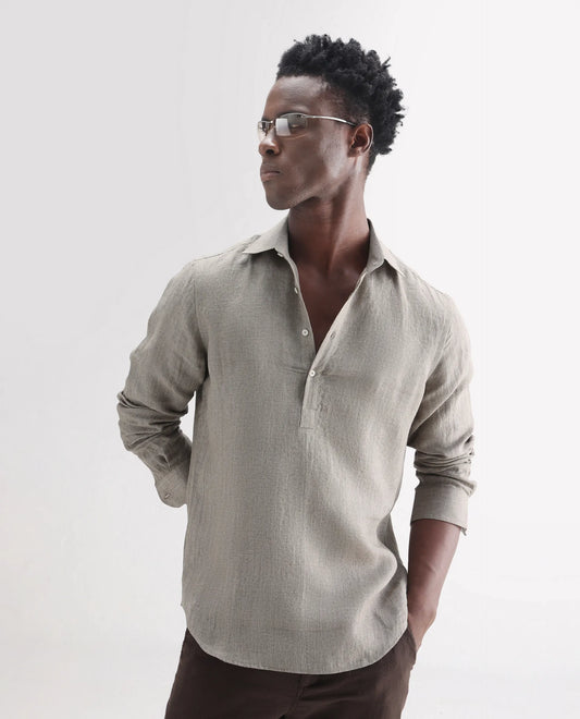 Rare Rabbit Men's Brickurt Brown 100% Linen Plain Regular Fit Full Sleeve Collared Shirt