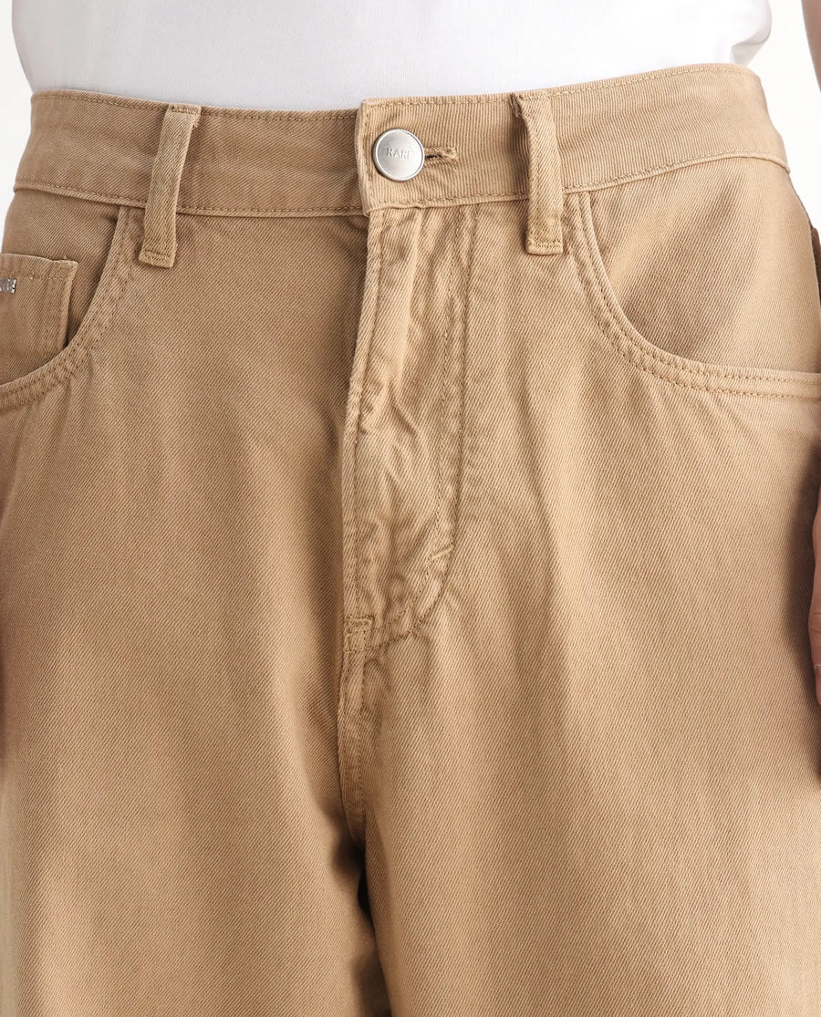 Rare Rabbit Men's Bron Beige Cotton Plain Baggy Fit Jeans