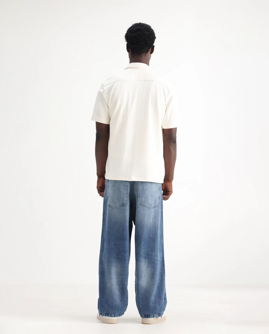 Rare Rabbit Men's Bron Blue Cotton Plain Baggy Fit Jeans