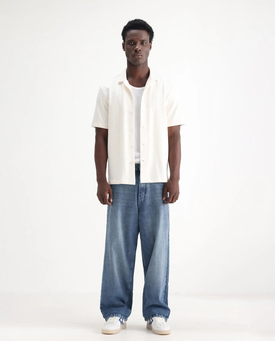 Rare Rabbit Men's Bron Blue Cotton Plain Baggy Fit Jeans