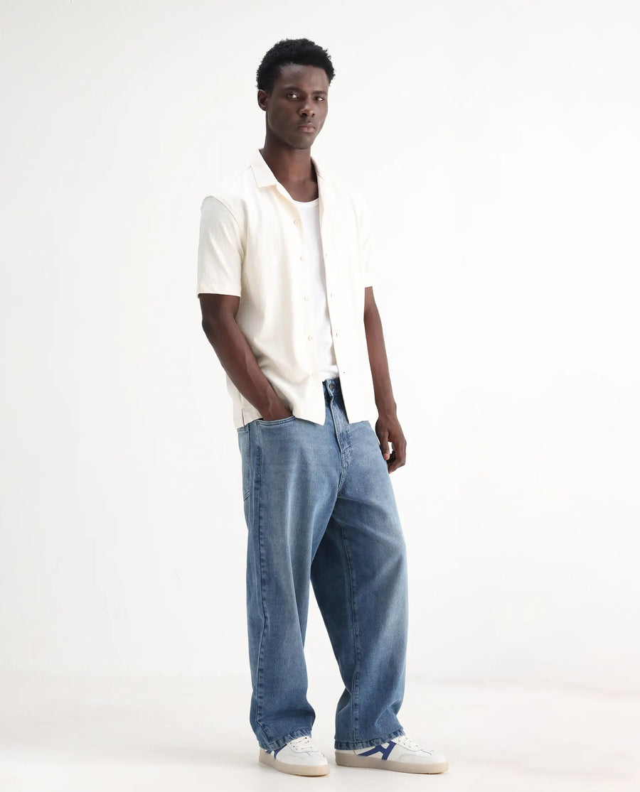 Rare Rabbit Men's Bron Blue Cotton Plain Baggy Fit Jeans