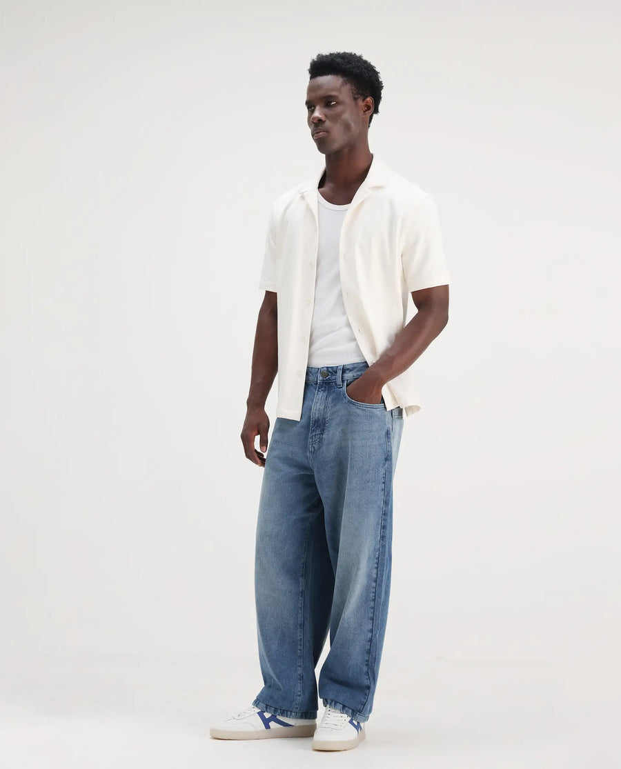 Rare Rabbit Men's Bron Blue Cotton Plain Baggy Fit Jeans