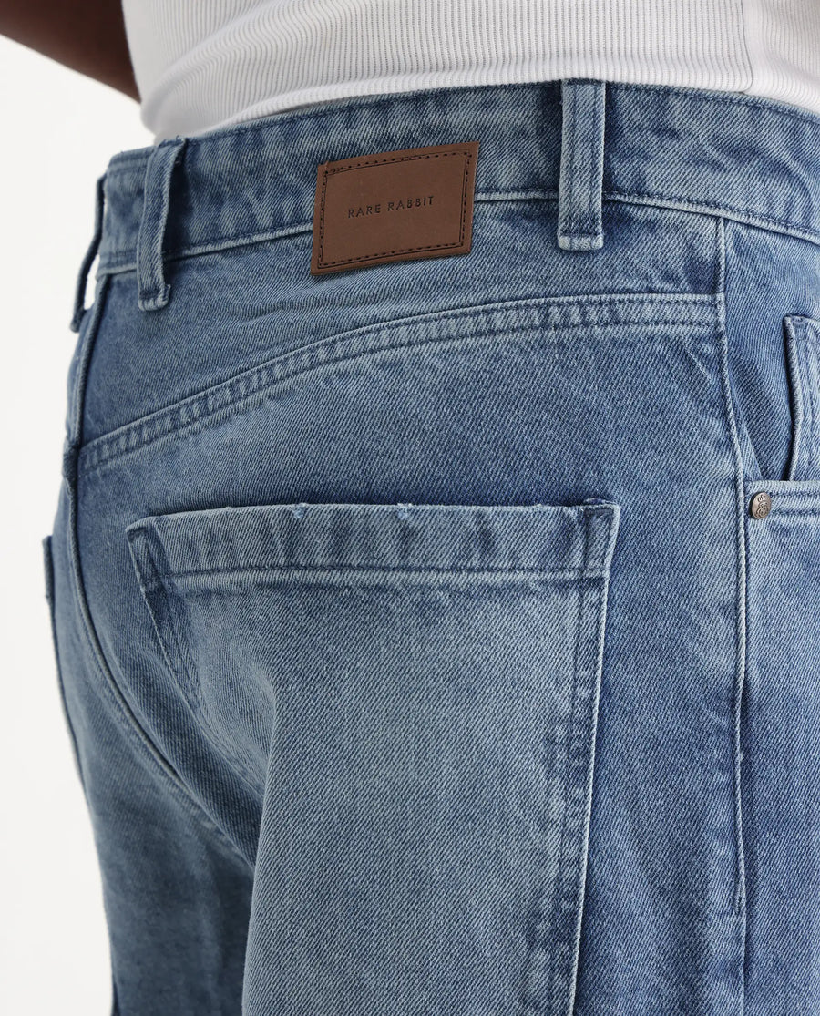 Rare Rabbit Men's Bron Blue Cotton Plain Baggy Fit Jeans