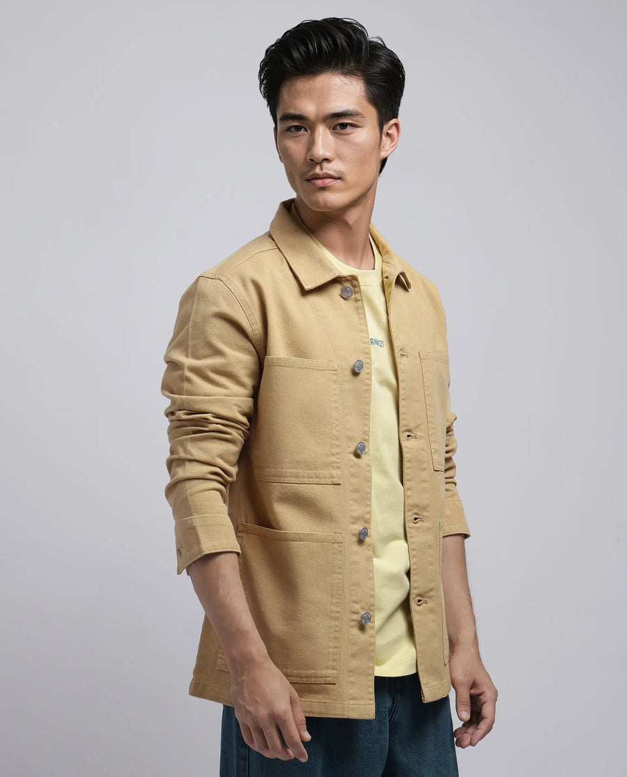 Rare Rabbit Men's Brond Beige Cotton Plain Regular Fit Full Sleeve Spread Collar Denim Jacket