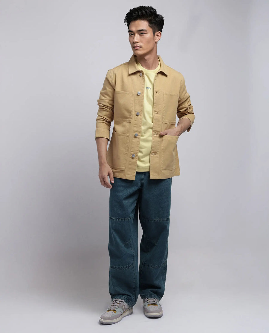 Rare Rabbit Men's Brond Beige Cotton Plain Regular Fit Full Sleeve Spread Collar Denim Jacket