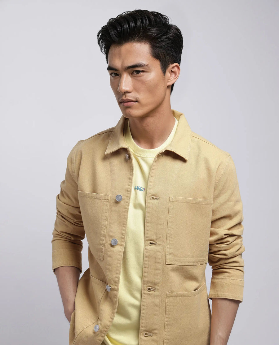 Rare Rabbit Men's Brond Beige Cotton Plain Regular Fit Full Sleeve Spread Collar Denim Jacket