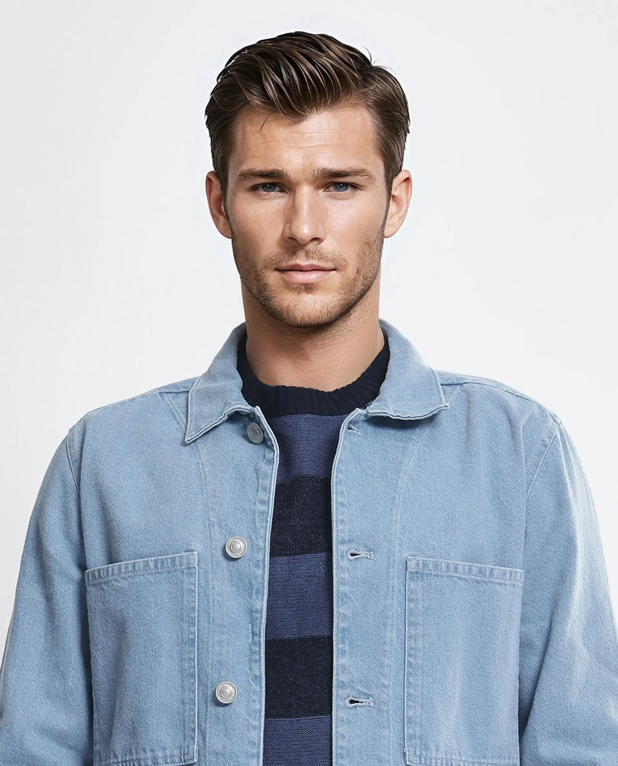 Rare Rabbit Men's Brond Light Blue Cotton Plain Regular Fit Full Sleeve Spread Collar Jacket