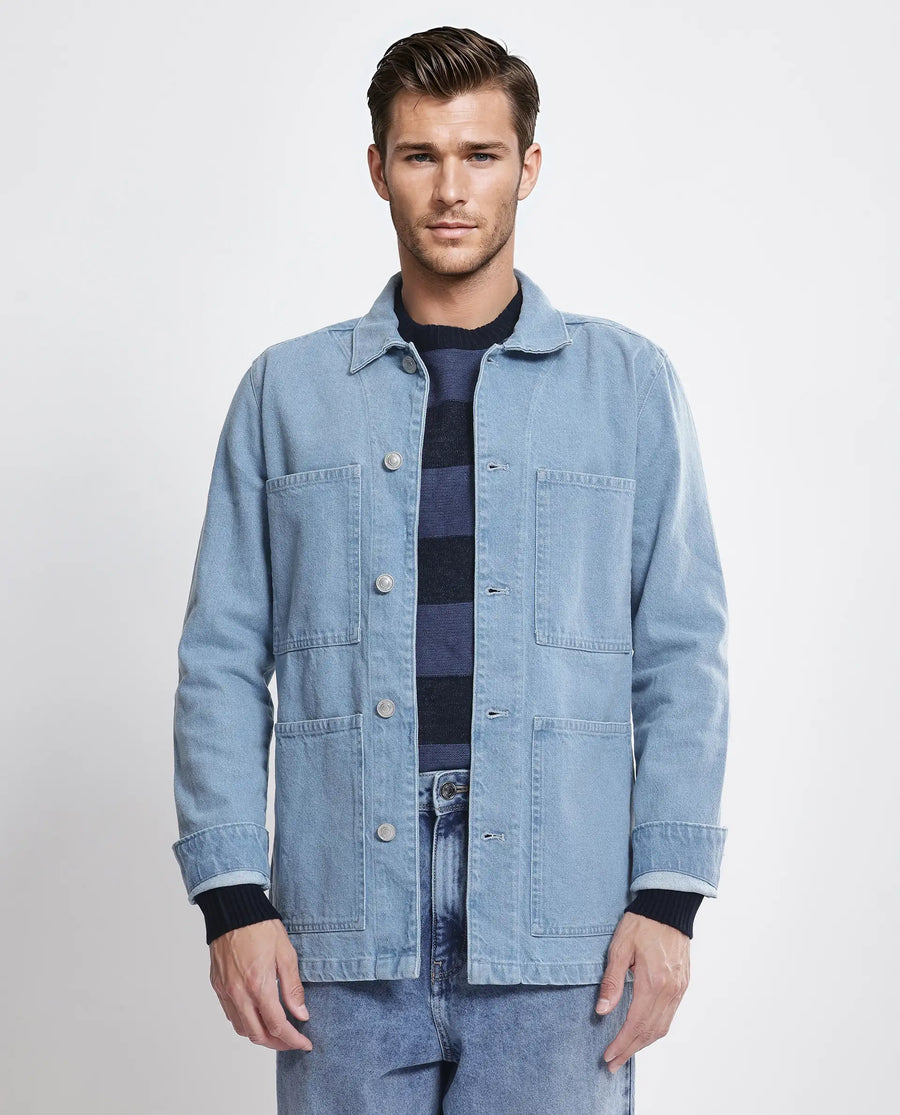 Rare Rabbit Men's Brond Light Blue Cotton Plain Regular Fit Full Sleeve Spread Collar Jacket