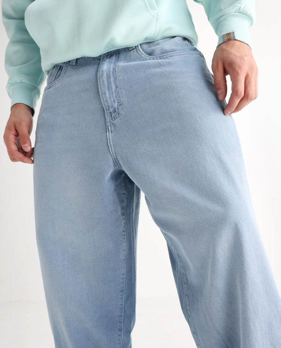 Rare Rabbit Men's Bron Light Blue Cotton Plain Baggy Fit Jeans