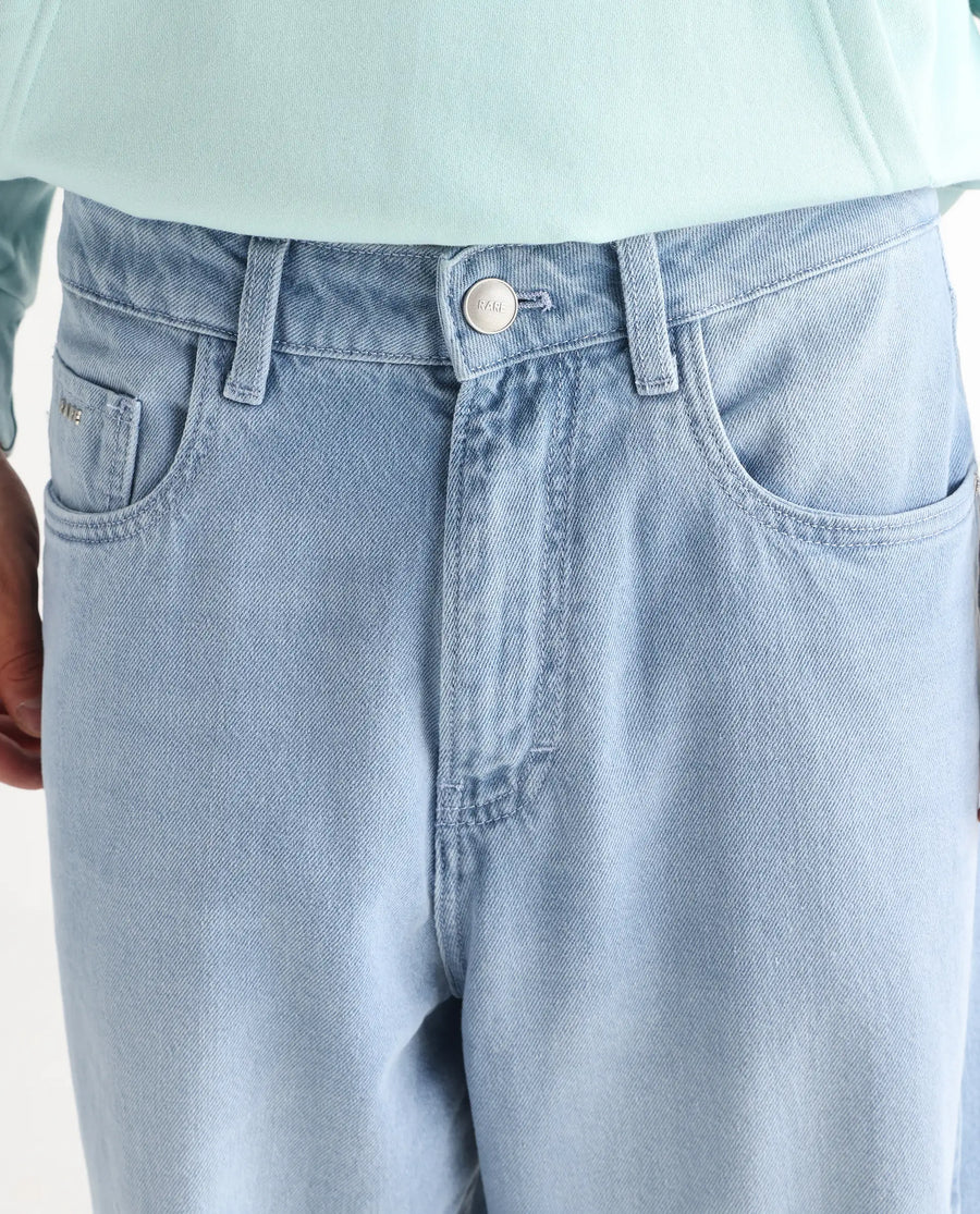 Rare Rabbit Men's Bron Light Blue Cotton Plain Baggy Fit Jeans