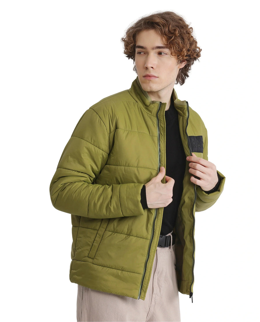Rare Rabbit Men's Bront Flouroscent Green Nylon Hd Print Regular Fit Full Sleeve High Neck Jacket