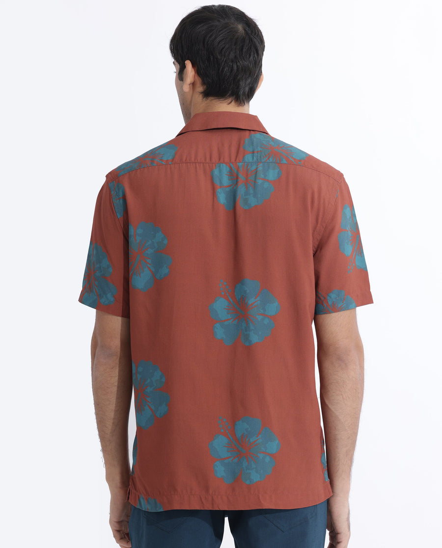 Rare Rabbit Men's Bronzac Brown Viscose Floral Print Regular Fit Half Sleeve Cuban Collar Shirt